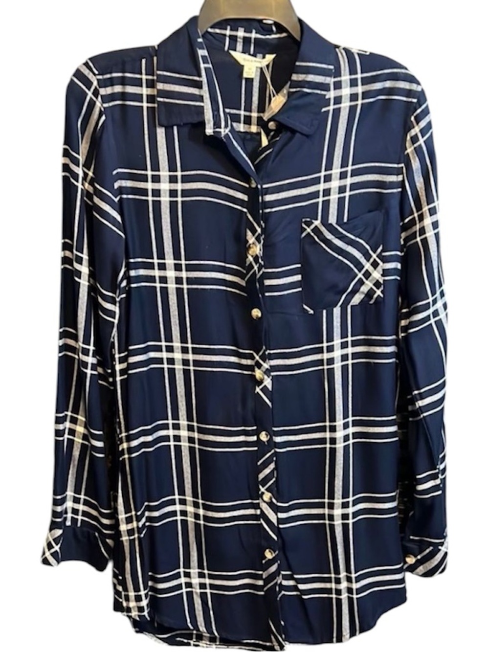 NWT Women’s Sim & Sam NAvy Blue Plaid Flannel Button Down Size‎ Medium